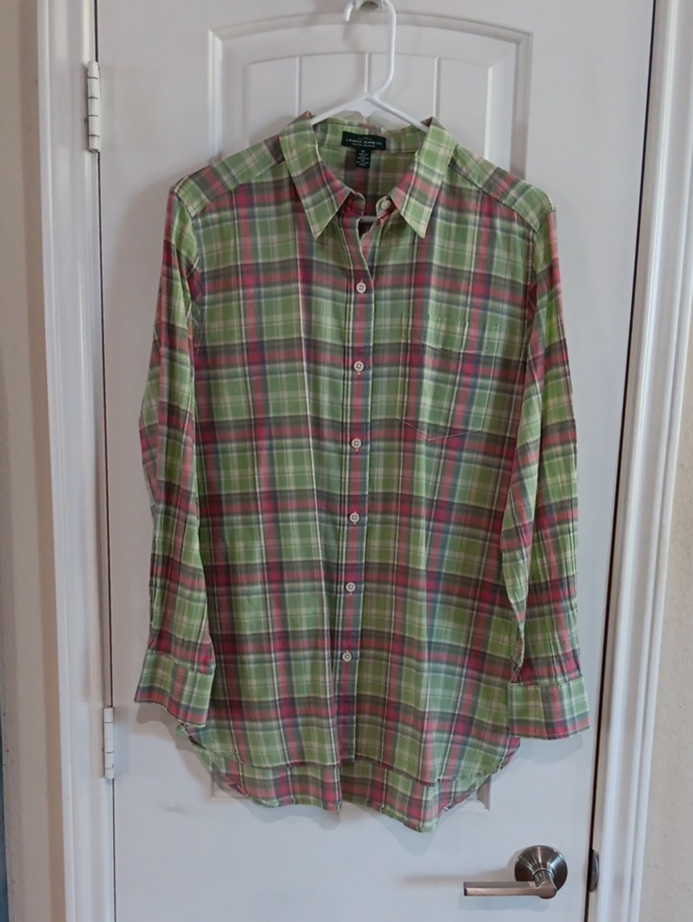 Y2K Lauren Jeans Co Ralph Lauren Green Pink Plaid Button Up Shirt Size M